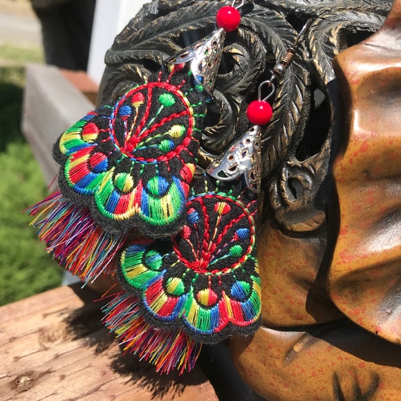 Beautiful Floral Boho Embroidered Tassel Earrings - Picture 3 of 8